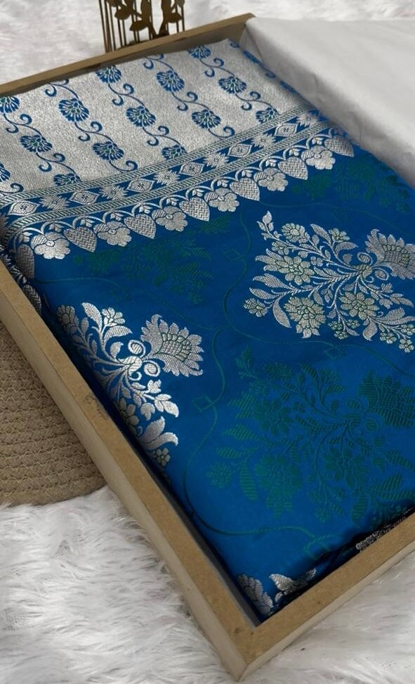 Peacock Blue Banarasi Mashru Silk Saree