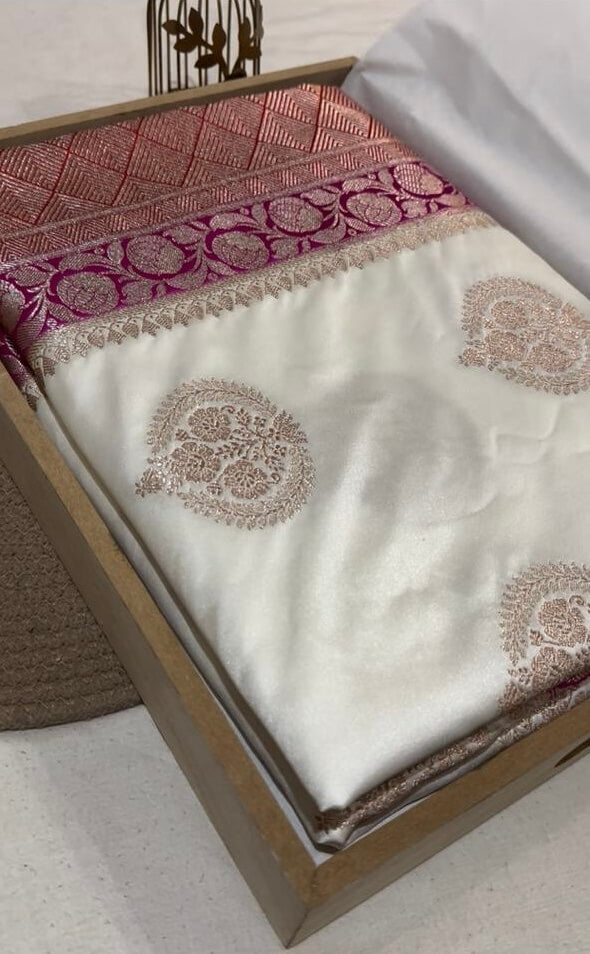 White Banarasi Mashru Silk Saree