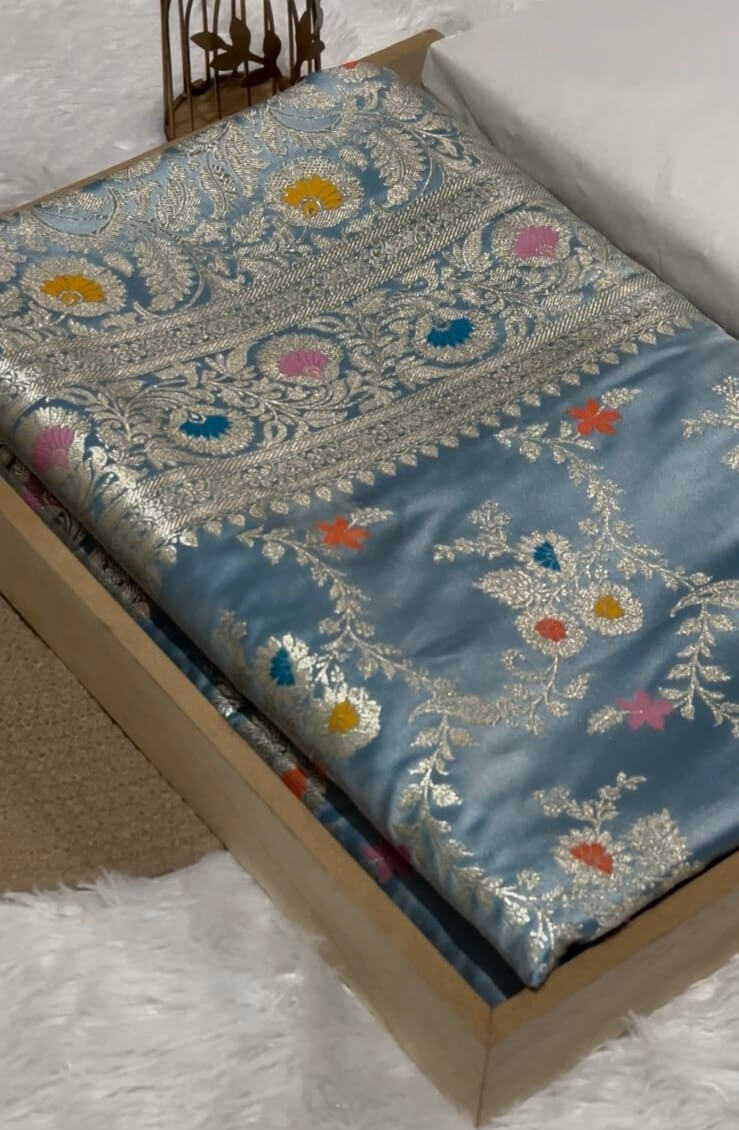 Bluish Grey Banarasi Mashru Silk Saree