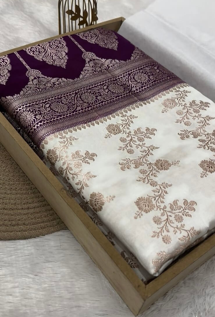 White Banarasi Mashru Silk Saree